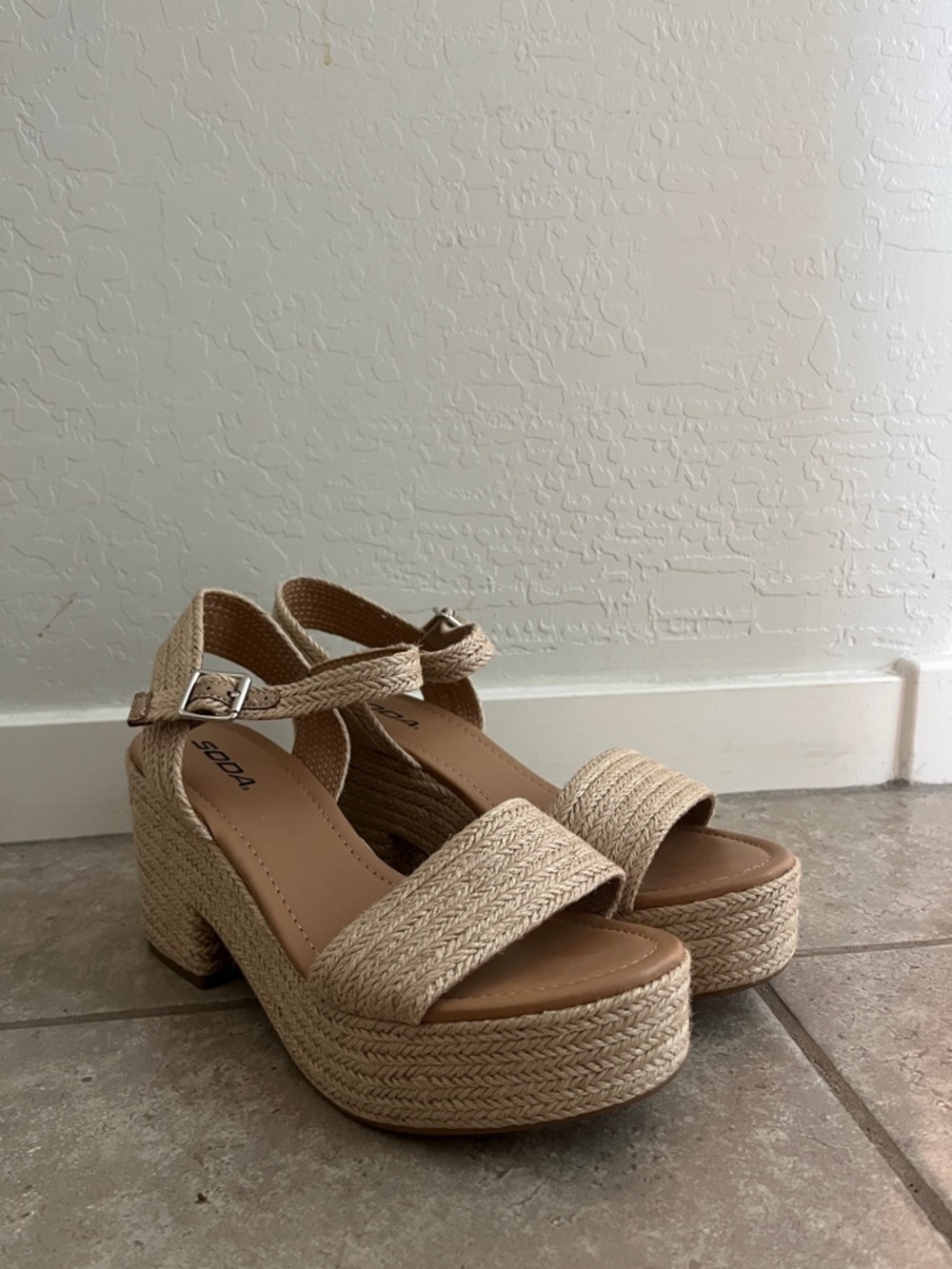 Soda Natural Beige Woven Platform Sandals